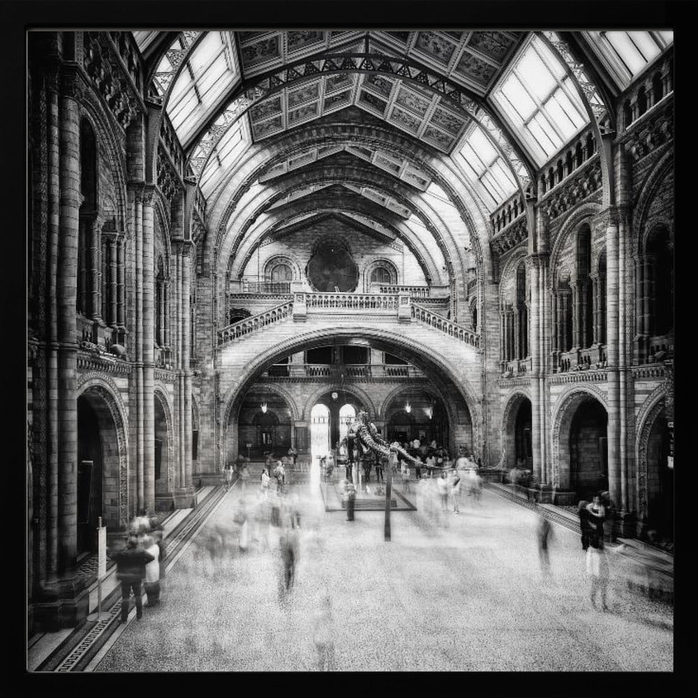 A black and white long exposure photograph of the grand hall of a natural history museum. The ornate, high-arched Romanesque architecture is in sharp focus, while a dinosaur skeleton stands in the center. Crowds of people are blurred into ghostly apparitions as they move through the vast space. Print
