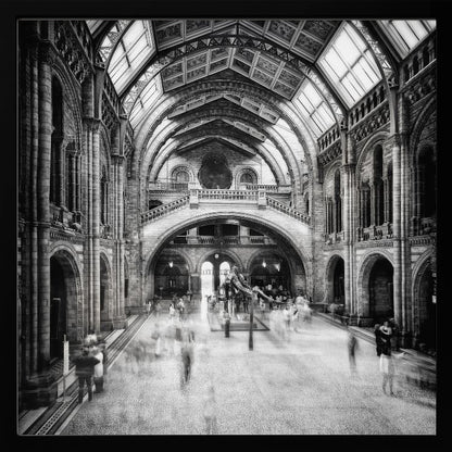 A black and white long exposure photograph of the grand hall of a natural history museum. The ornate, high-arched Romanesque architecture is in sharp focus, while a dinosaur skeleton stands in the center. Crowds of people are blurred into ghostly apparitions as they move through the vast space. Print