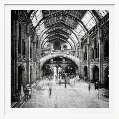 A black and white long exposure photograph of the grand hall of a natural history museum. The ornate, high-arched Romanesque architecture is in sharp focus, while a dinosaur skeleton stands in the center. Crowds of people are blurred into ghostly apparitions as they move through the vast space. Print