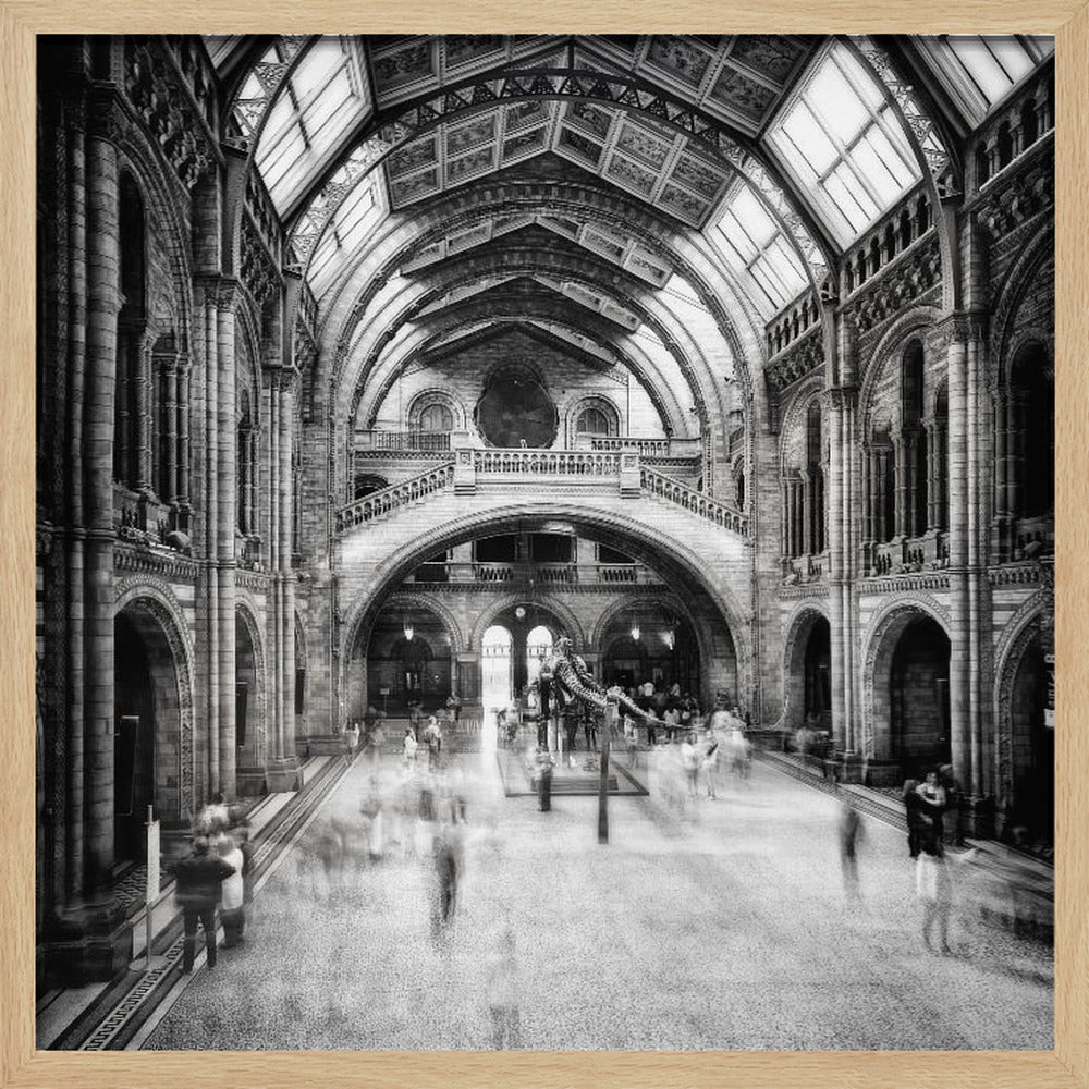 A black and white long exposure photograph of the grand hall of a natural history museum. The ornate, high-arched Romanesque architecture is in sharp focus, while a dinosaur skeleton stands in the center. Crowds of people are blurred into ghostly apparitions as they move through the vast space. Print