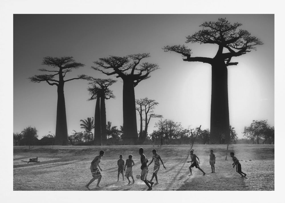 A framed, black and white photograph capturing a vibrant scene of several children playing soccer on a dirt field. In the background, the iconic silhouettes of large Baobab trees stand tall against a bright, hazy sun, casting long shadows of the players across the ground. Artwork