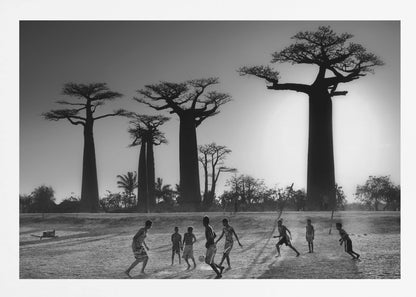 A framed, black and white photograph capturing a vibrant scene of several children playing soccer on a dirt field. In the background, the iconic silhouettes of large Baobab trees stand tall against a bright, hazy sun, casting long shadows of the players across the ground. Artwork