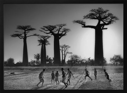 A framed, black and white photograph capturing a vibrant scene of several children playing soccer on a dirt field. In the background, the iconic silhouettes of large Baobab trees stand tall against a bright, hazy sun, casting long shadows of the players across the ground. Artwork