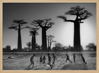 A framed, black and white photograph capturing a vibrant scene of several children playing soccer on a dirt field. In the background, the iconic silhouettes of large Baobab trees stand tall against a bright, hazy sun, casting long shadows of the players across the ground. Artwork