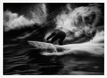 A dynamic black and white action photograph of a surfer in a dark wetsuit, crouched low on a surfboard while riding a powerful wave. Motion blur captures the speed and energy of the moment, with white water spray exploding around the surfer against the dark ocean. Print