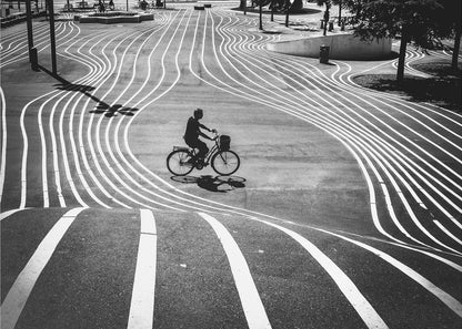 A high-contrast, black and white overhead photograph of a person riding a bicycle across a wide, paved plaza. The ground is covered in a mesmerizing pattern of wavy, parallel white lines, and the cyclist's long shadow is cast by the bright sun. Print