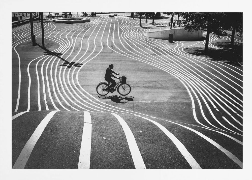 A high-contrast, black and white overhead photograph of a person riding a bicycle across a wide, paved plaza. The ground is covered in a mesmerizing pattern of wavy, parallel white lines, and the cyclist's long shadow is cast by the bright sun. Print