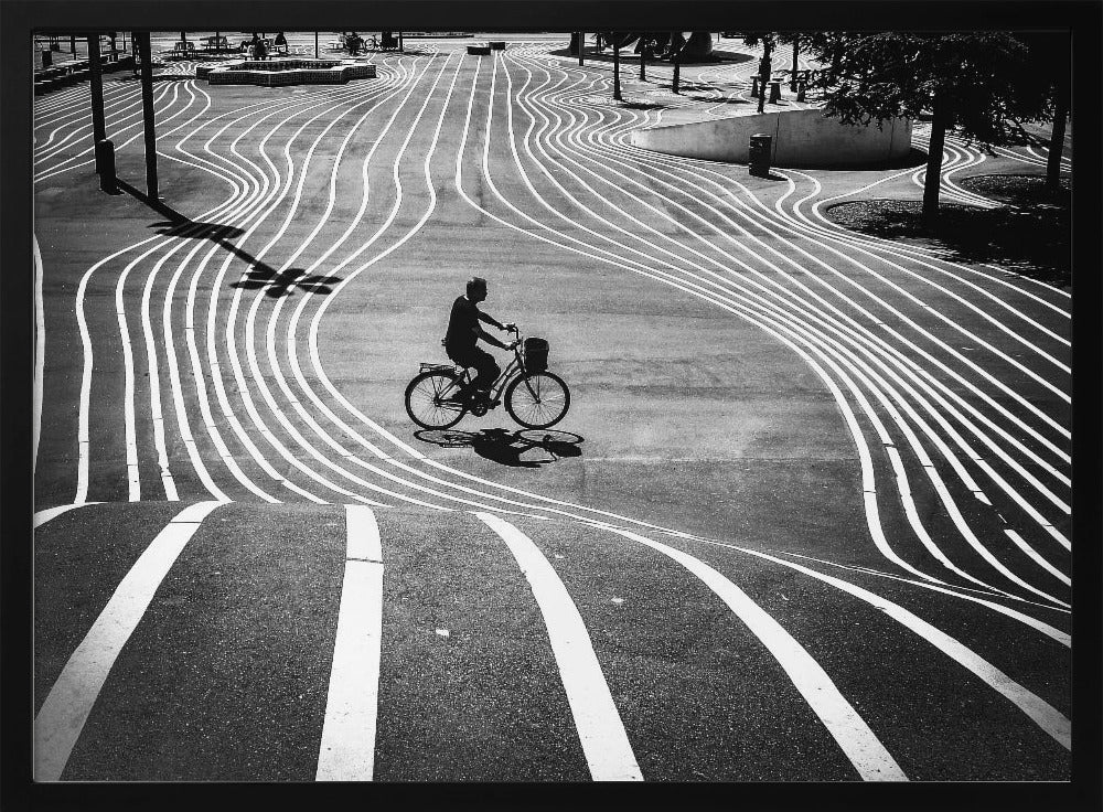A high-contrast, black and white overhead photograph of a person riding a bicycle across a wide, paved plaza. The ground is covered in a mesmerizing pattern of wavy, parallel white lines, and the cyclist's long shadow is cast by the bright sun. Print