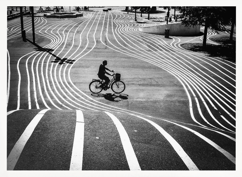 A high-contrast, black and white overhead photograph of a person riding a bicycle across a wide, paved plaza. The ground is covered in a mesmerizing pattern of wavy, parallel white lines, and the cyclist's long shadow is cast by the bright sun. Print