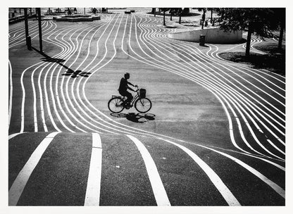 A high-contrast, black and white overhead photograph of a person riding a bicycle across a wide, paved plaza. The ground is covered in a mesmerizing pattern of wavy, parallel white lines, and the cyclist's long shadow is cast by the bright sun. Print