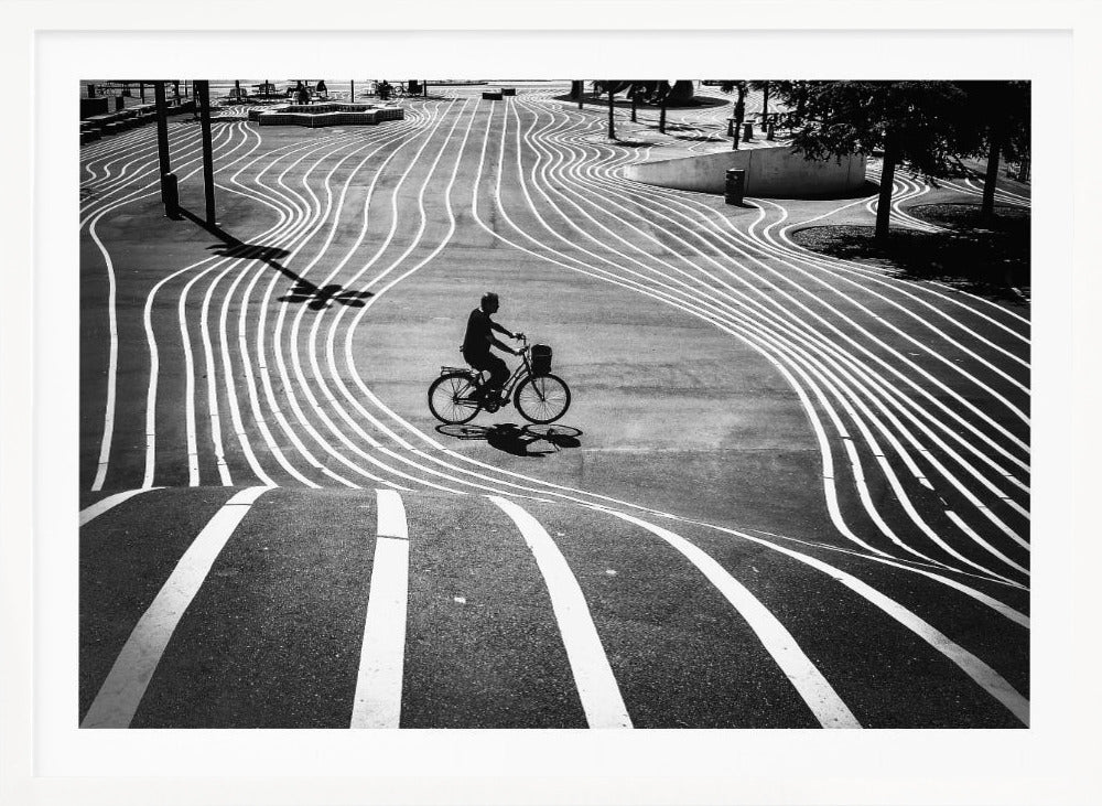 A high-contrast, black and white overhead photograph of a person riding a bicycle across a wide, paved plaza. The ground is covered in a mesmerizing pattern of wavy, parallel white lines, and the cyclist's long shadow is cast by the bright sun. Print