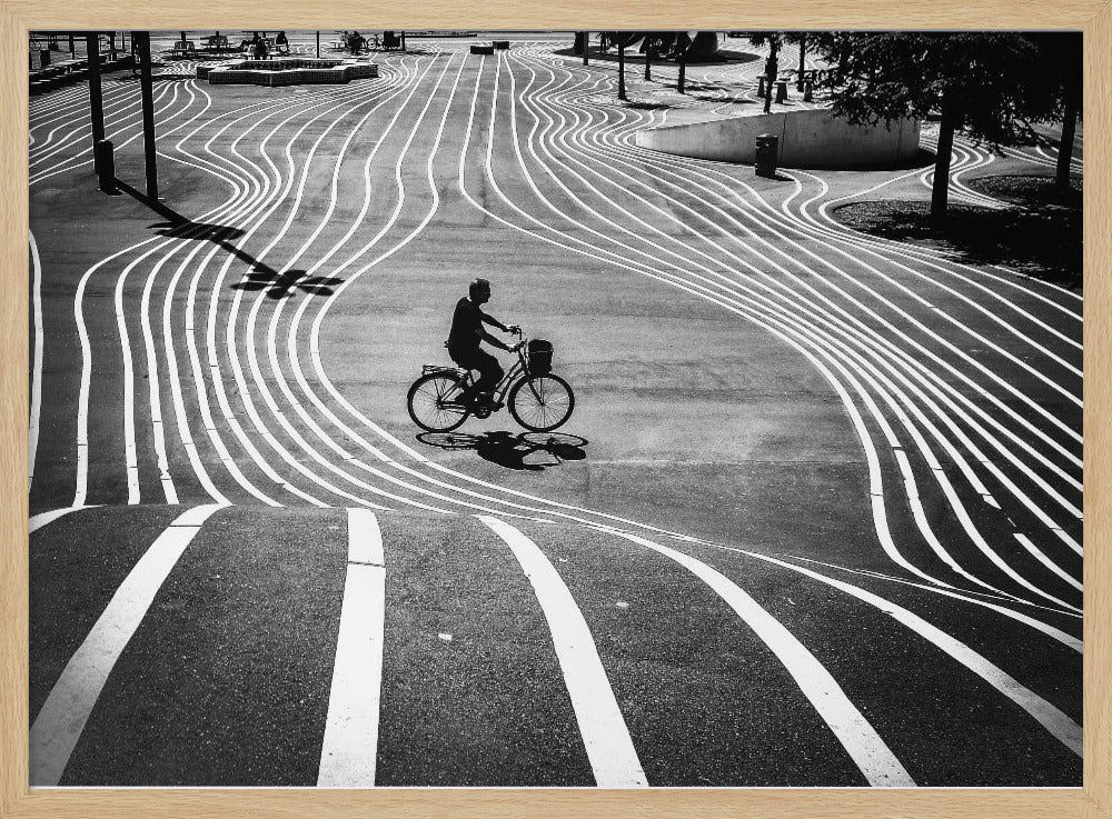 A high-contrast, black and white overhead photograph of a person riding a bicycle across a wide, paved plaza. The ground is covered in a mesmerizing pattern of wavy, parallel white lines, and the cyclist's long shadow is cast by the bright sun. Print