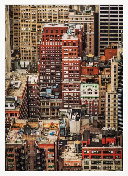 A high-angle, telephoto view of a dense cluster of New York City buildings, featuring a mix of red and brown brick architecture, with numerous windows creating a geometric pattern and several classic wooden water towers perched on the rooftops. Print