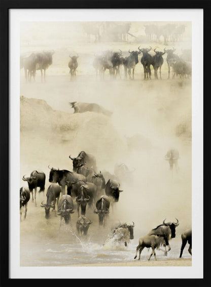 A hazy, sepia-toned photograph depicting the great wildebeest migration. A large herd is seen crossing a river, kicking up dust and water, creating a dynamic and atmospheric scene of wildlife in motion. Artwork