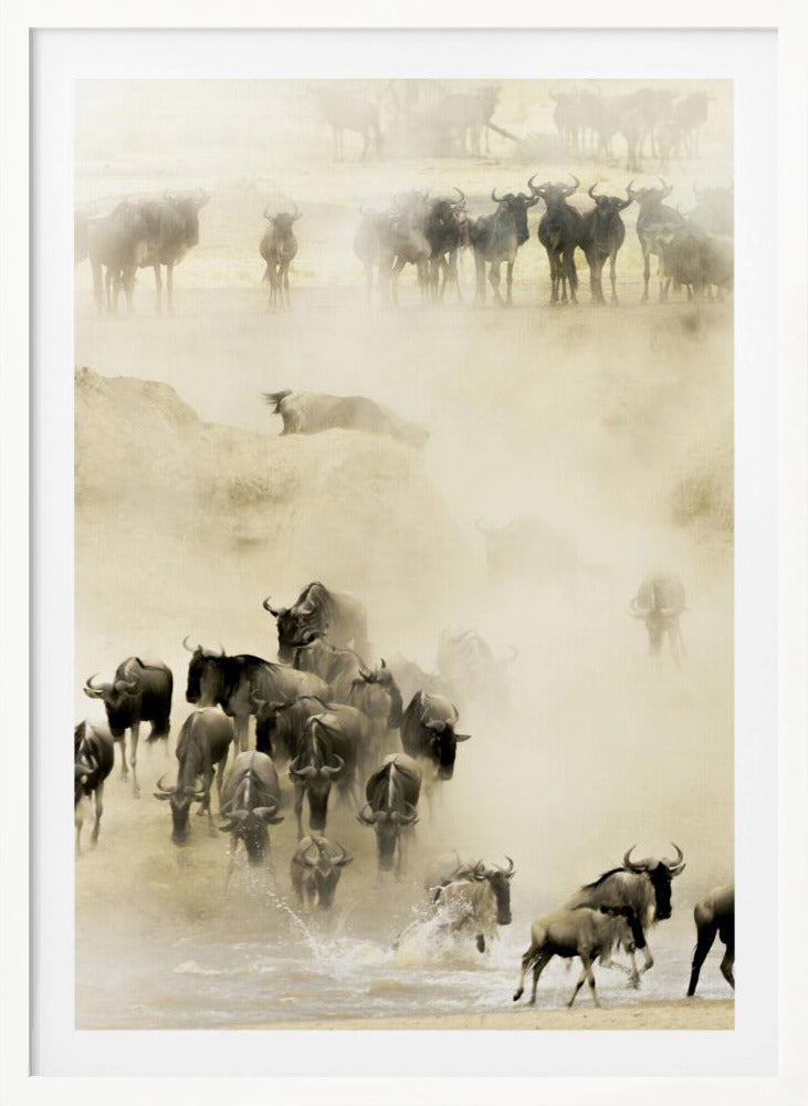 A hazy, sepia-toned photograph depicting the great wildebeest migration. A large herd is seen crossing a river, kicking up dust and water, creating a dynamic and atmospheric scene of wildlife in motion. Artwork