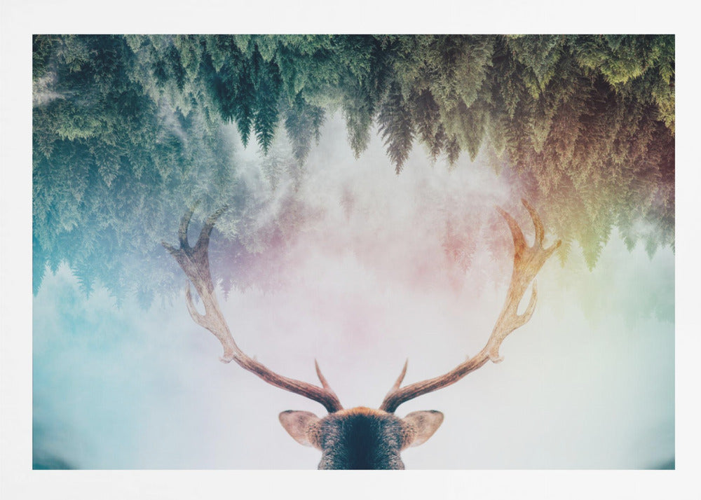 A surreal double-exposure artwork featuring the back of a deer's head with large antlers, blended with an image of a misty pine forest. The forest is reflected above the antlers against a soft, pastel-colored background, all enclosed in a silver frame. Print