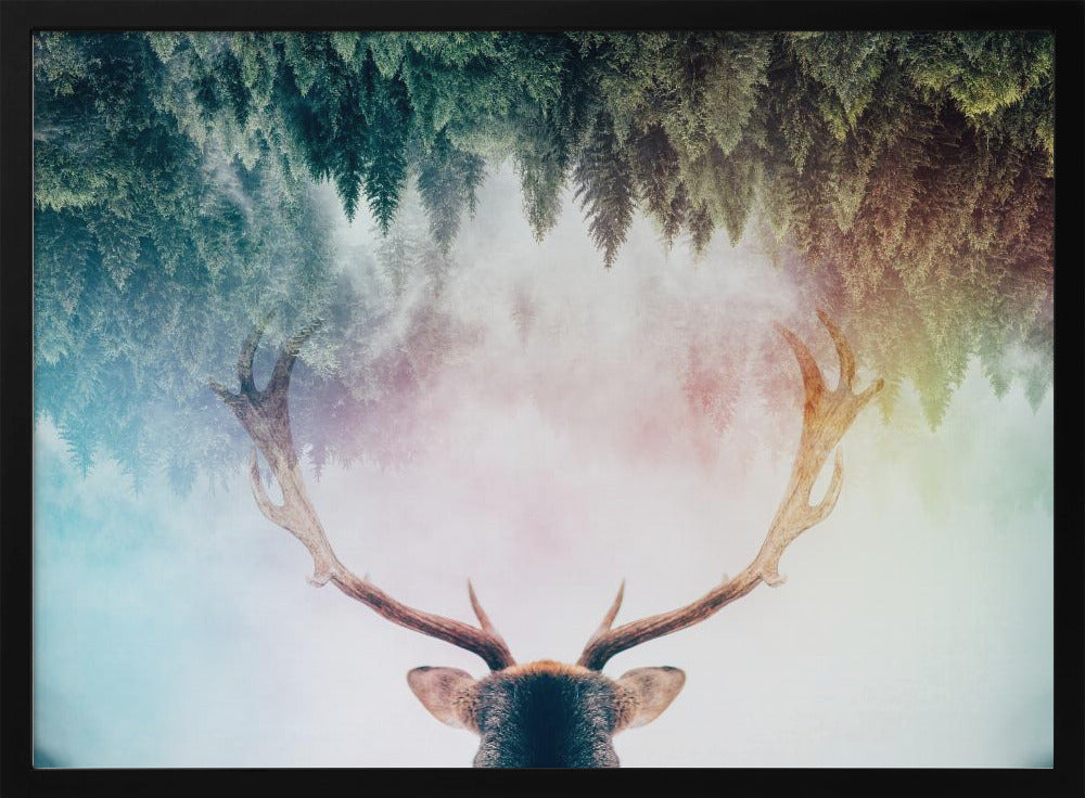 A surreal double-exposure artwork featuring the back of a deer's head with large antlers, blended with an image of a misty pine forest. The forest is reflected above the antlers against a soft, pastel-colored background, all enclosed in a silver frame. Print
