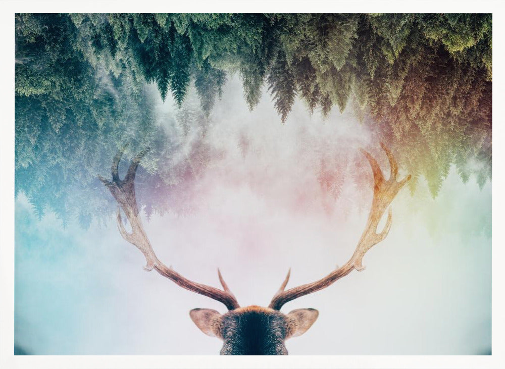 A surreal double-exposure artwork featuring the back of a deer's head with large antlers, blended with an image of a misty pine forest. The forest is reflected above the antlers against a soft, pastel-colored background, all enclosed in a silver frame. Print
