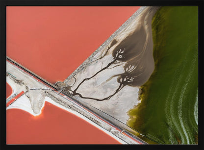 An abstract aerial photograph in a silver frame, showing a stark landscape divided into sections of coral-red water, green water, and a white salt flat with dark, tree-like river patterns. Print
