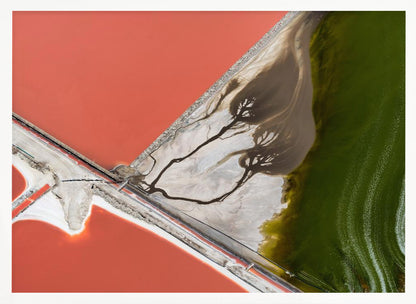 An abstract aerial photograph in a silver frame, showing a stark landscape divided into sections of coral-red water, green water, and a white salt flat with dark, tree-like river patterns. Print