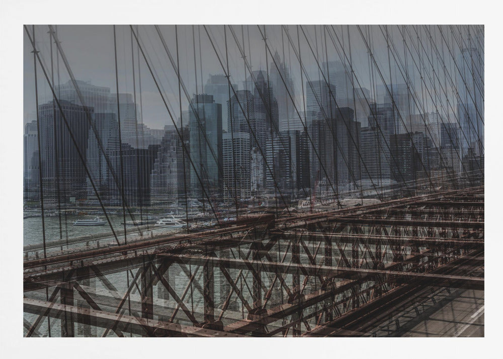 A framed, stylized photograph showing a double exposure of the New York City skyline and the intricate steel structure and cables of the Brooklyn Bridge, creating a dense, layered urban scene with a cool, moody color palette. Decor