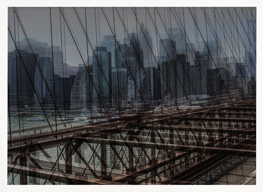 A framed, stylized photograph showing a double exposure of the New York City skyline and the intricate steel structure and cables of the Brooklyn Bridge, creating a dense, layered urban scene with a cool, moody color palette. Decor