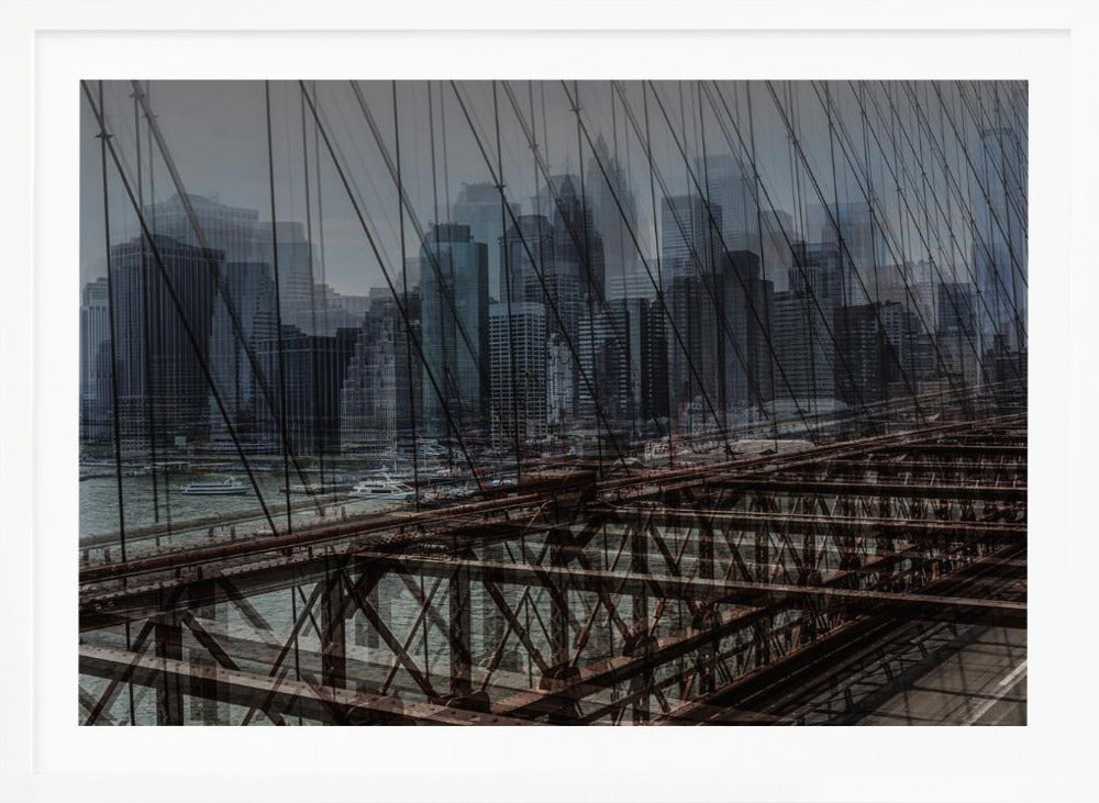 A framed, stylized photograph showing a double exposure of the New York City skyline and the intricate steel structure and cables of the Brooklyn Bridge, creating a dense, layered urban scene with a cool, moody color palette. Decor