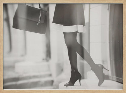 A framed, black and white fashion photograph focusing on the lower half of a woman as she walks. She is wearing a dark skirt with a white hem, black tights, and stylish high-heeled ankle boots, and she is carrying a dark handbag. Print