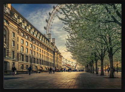 A scenic view of London's South Bank at sunset, with the London Eye visible in the background, a grand historic building on the left, and a row of white blossoming trees lining the sunlit promenade on the right. Wall Art