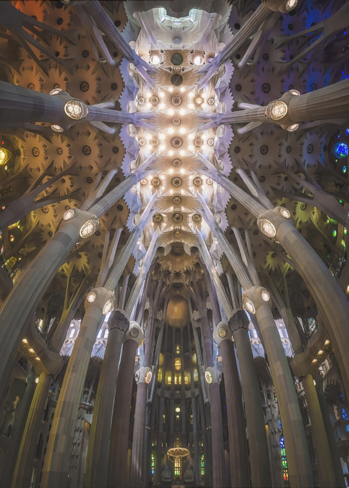 A low-angle, symmetrical photograph looking up at the incredibly ornate and complex vaulted ceiling of the Sagrada Familia Basilica. The massive stone columns branch out like trees, supporting the intricately detailed ceiling illuminated by warm, glowing lights and splashes of color from unseen stained glass windows. Poster