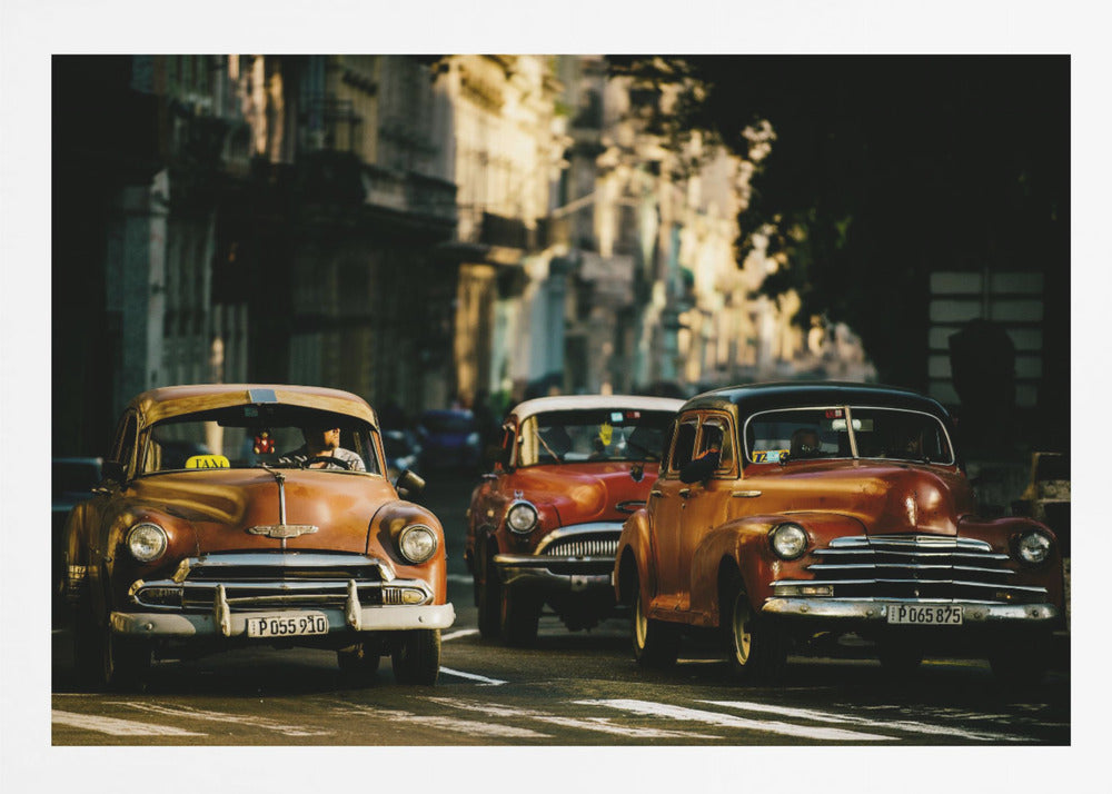 Three vintage American cars drive down a sunlit city street. The foreground features an orange taxi, with a red car and another orange vehicle behind it, all under the warm glow of late afternoon light casting long shadows. Print