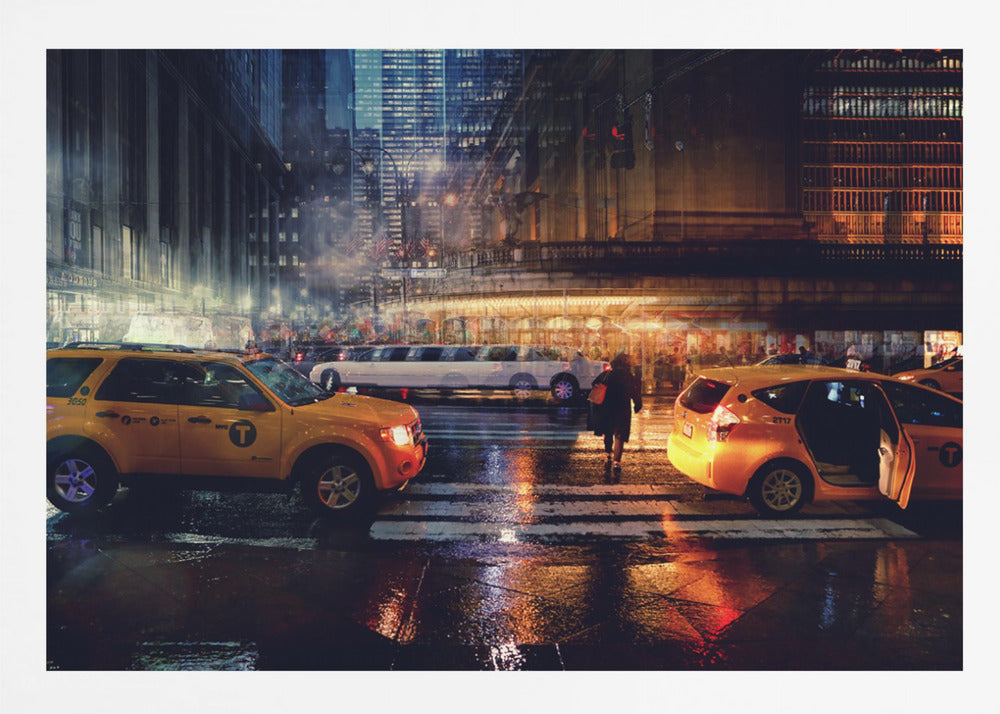 A cinematic night photograph of a busy, wet city street, likely New York, with yellow taxis in the foreground and a white stretch limousine in the background. A pedestrian crosses the street as the city lights reflect off the wet pavement, with illuminated skyscrapers towering above. Decor