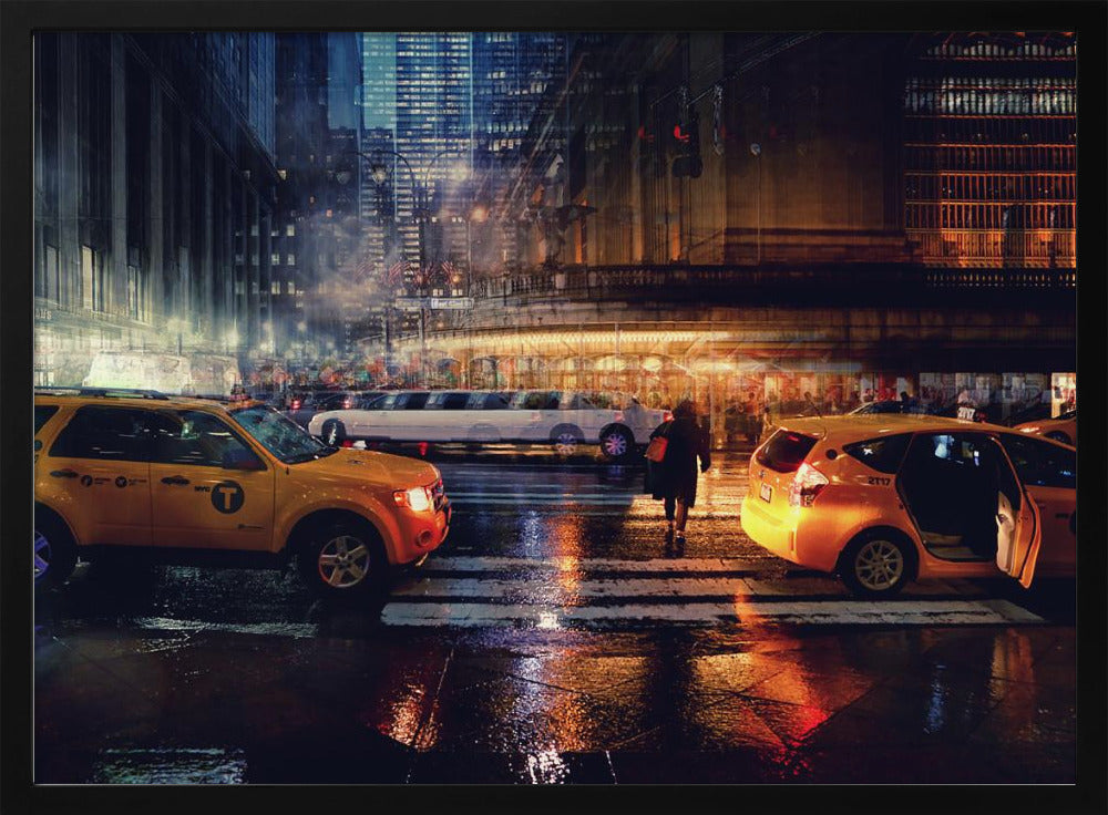 A cinematic night photograph of a busy, wet city street, likely New York, with yellow taxis in the foreground and a white stretch limousine in the background. A pedestrian crosses the street as the city lights reflect off the wet pavement, with illuminated skyscrapers towering above. Decor