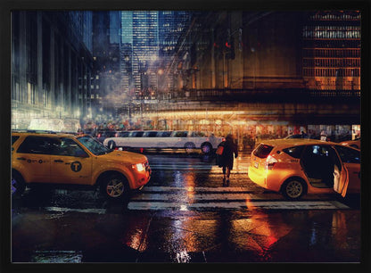 A cinematic night photograph of a busy, wet city street, likely New York, with yellow taxis in the foreground and a white stretch limousine in the background. A pedestrian crosses the street as the city lights reflect off the wet pavement, with illuminated skyscrapers towering above. Decor