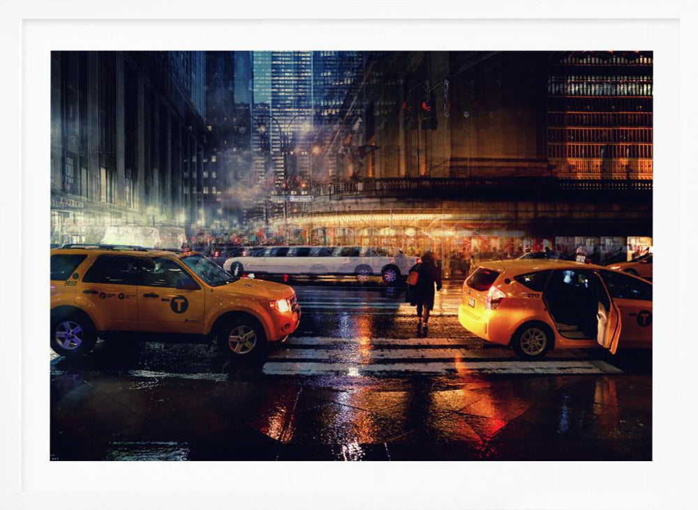 A cinematic night photograph of a busy, wet city street, likely New York, with yellow taxis in the foreground and a white stretch limousine in the background. A pedestrian crosses the street as the city lights reflect off the wet pavement, with illuminated skyscrapers towering above. Decor