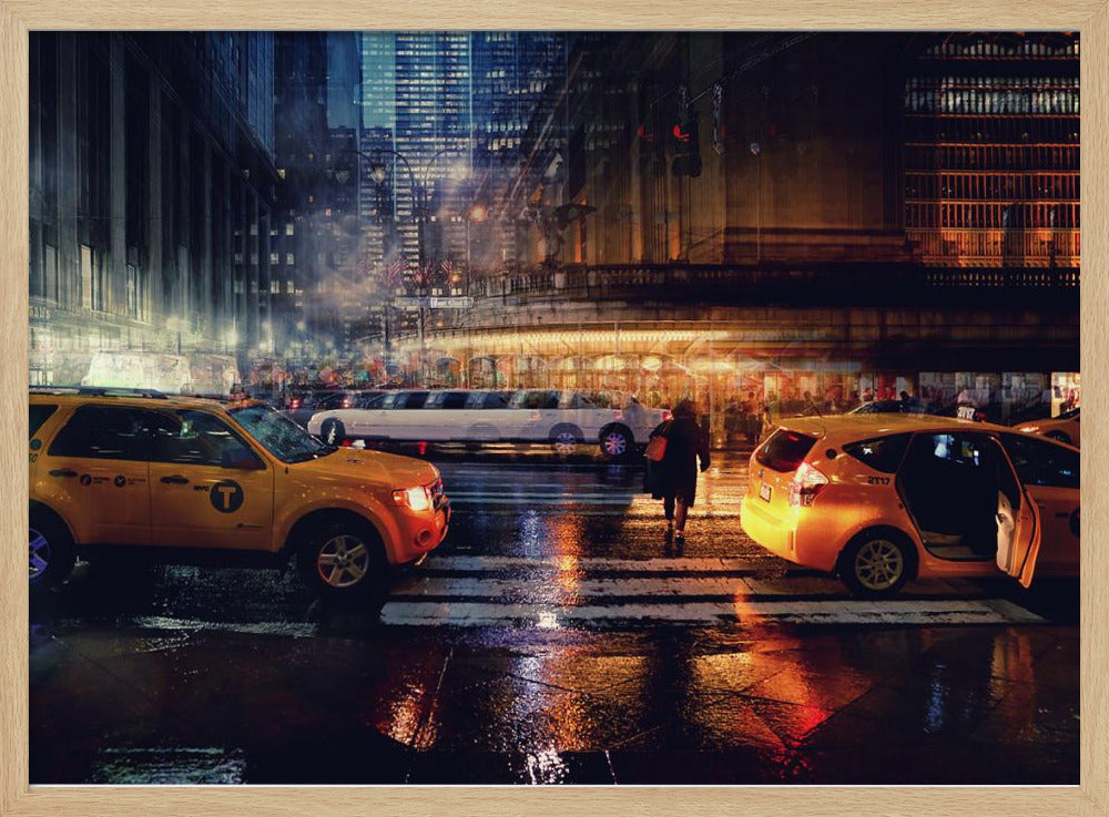 A cinematic night photograph of a busy, wet city street, likely New York, with yellow taxis in the foreground and a white stretch limousine in the background. A pedestrian crosses the street as the city lights reflect off the wet pavement, with illuminated skyscrapers towering above. Decor