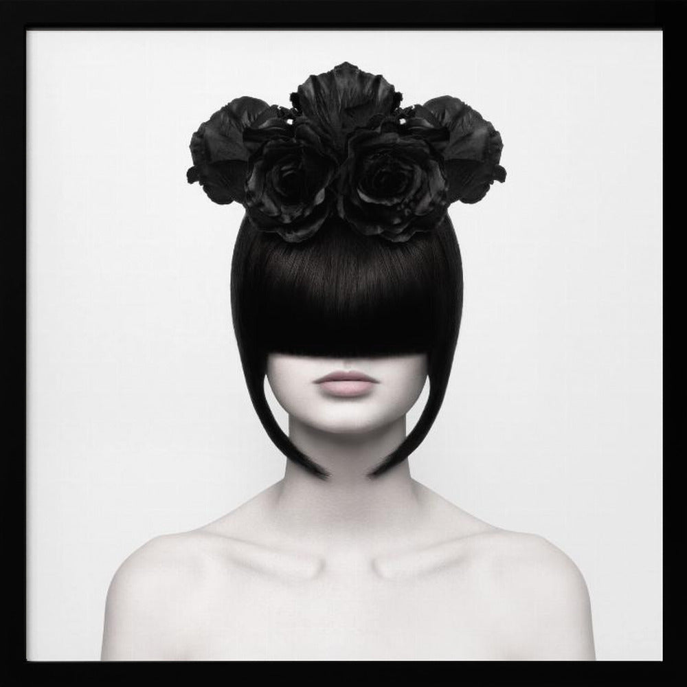 A stylized black and white portrait of a woman with a sleek black bob hairstyle where the bangs completely cover her eyes. She wears a large, elaborate headpiece made of black roses. Her expression is neutral, showing only her mouth and chin. The image is set against a plain white background and enclosed in a light wood frame. Print