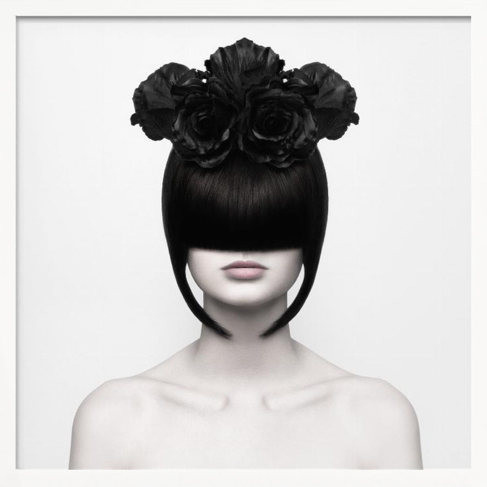 A stylized black and white portrait of a woman with a sleek black bob hairstyle where the bangs completely cover her eyes. She wears a large, elaborate headpiece made of black roses. Her expression is neutral, showing only her mouth and chin. The image is set against a plain white background and enclosed in a light wood frame. Print