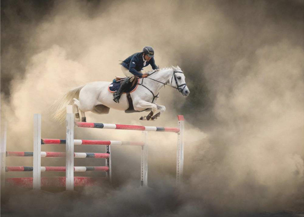 A dramatic action shot of a person in a blue jacket and helmet riding a powerful white horse as it leaps over a red and white striped obstacle, all enveloped in a swirling cloud of brown dust. Print