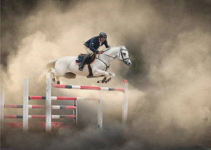 A dramatic action shot of a person in a blue jacket and helmet riding a powerful white horse as it leaps over a red and white striped obstacle, all enveloped in a swirling cloud of brown dust. Print