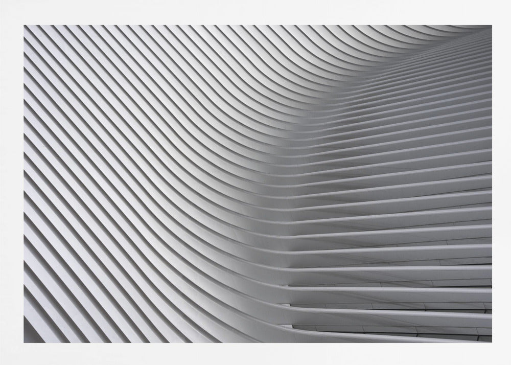 A framed, close-up, abstract photograph of a modern architectural structure. Parallel white ribs curve and undulate across the frame, creating a sense of movement and rhythm through the interplay of light and shadow. Artwork