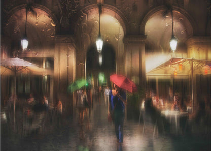 An impressionistic painting of a rainy city night seen through a wet windowpane. A woman holding a bright red umbrella walks down a colonnade past outdoor cafes, her reflection shimmering on the wet ground. The warm glow from lanterns and cafe lights creates a moody, romantic atmosphere. Artwork
