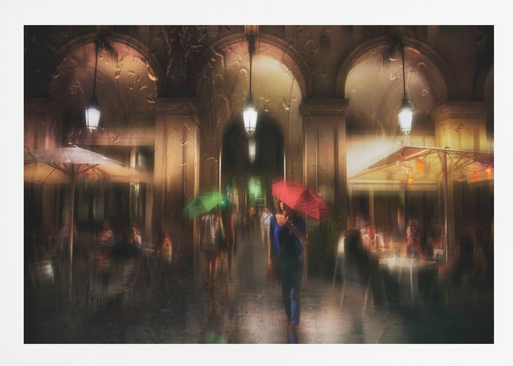 An impressionistic painting of a rainy city night seen through a wet windowpane. A woman holding a bright red umbrella walks down a colonnade past outdoor cafes, her reflection shimmering on the wet ground. The warm glow from lanterns and cafe lights creates a moody, romantic atmosphere. Artwork