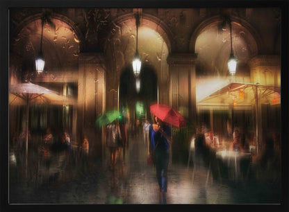 An impressionistic painting of a rainy city night seen through a wet windowpane. A woman holding a bright red umbrella walks down a colonnade past outdoor cafes, her reflection shimmering on the wet ground. The warm glow from lanterns and cafe lights creates a moody, romantic atmosphere. Artwork