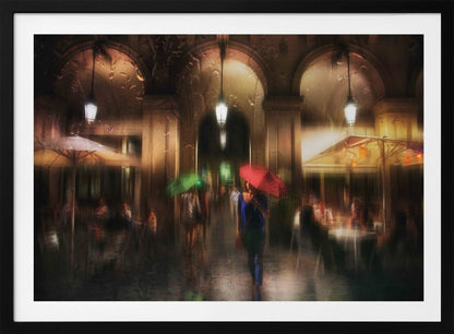 An impressionistic painting of a rainy city night seen through a wet windowpane. A woman holding a bright red umbrella walks down a colonnade past outdoor cafes, her reflection shimmering on the wet ground. The warm glow from lanterns and cafe lights creates a moody, romantic atmosphere. Artwork