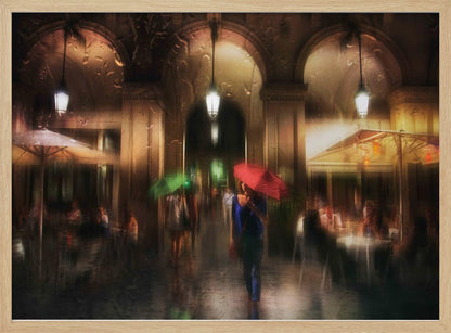 An impressionistic painting of a rainy city night seen through a wet windowpane. A woman holding a bright red umbrella walks down a colonnade past outdoor cafes, her reflection shimmering on the wet ground. The warm glow from lanterns and cafe lights creates a moody, romantic atmosphere. Artwork