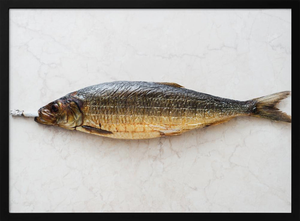 A surreal photograph of a whole smoked fish with a cigarette butt in its mouth, laying horizontally on a white marble surface, all within a silver frame. Wall Art