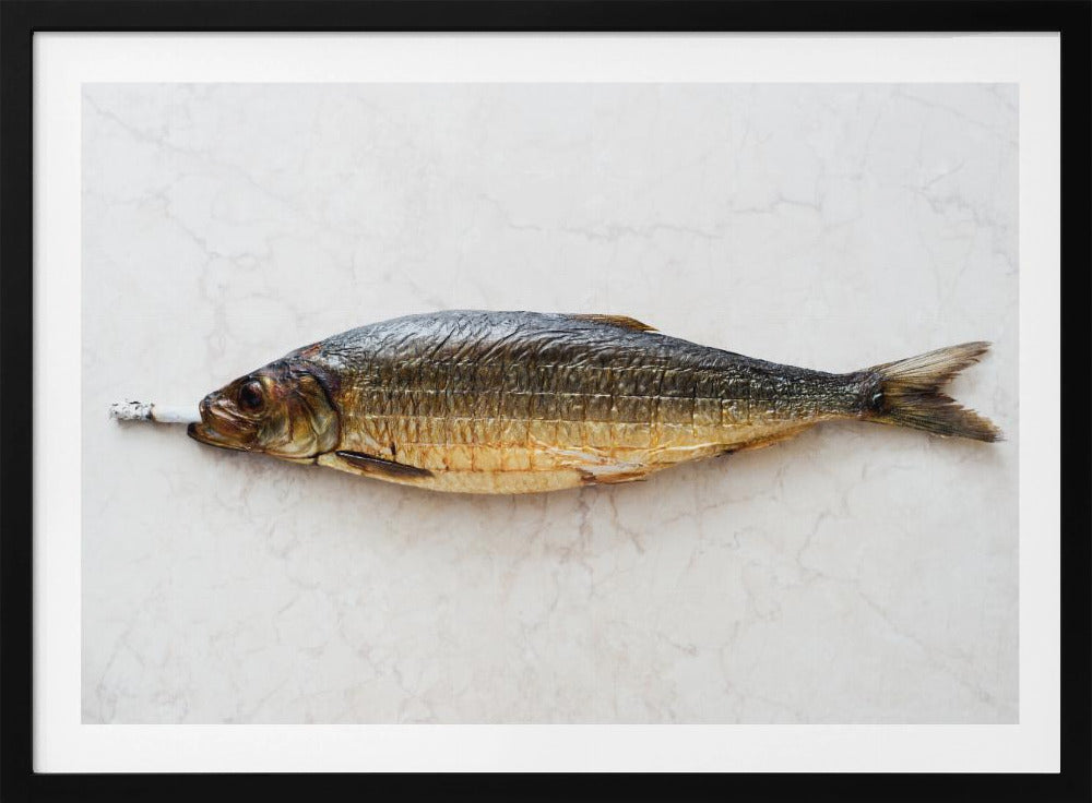 A surreal photograph of a whole smoked fish with a cigarette butt in its mouth, laying horizontally on a white marble surface, all within a silver frame. Wall Art