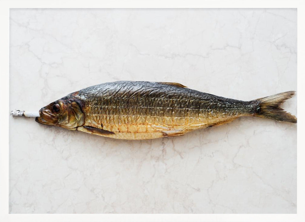 A surreal photograph of a whole smoked fish with a cigarette butt in its mouth, laying horizontally on a white marble surface, all within a silver frame. Wall Art