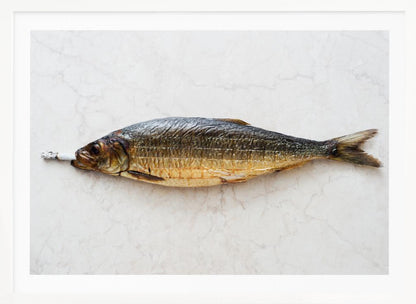 A surreal photograph of a whole smoked fish with a cigarette butt in its mouth, laying horizontally on a white marble surface, all within a silver frame. Wall Art